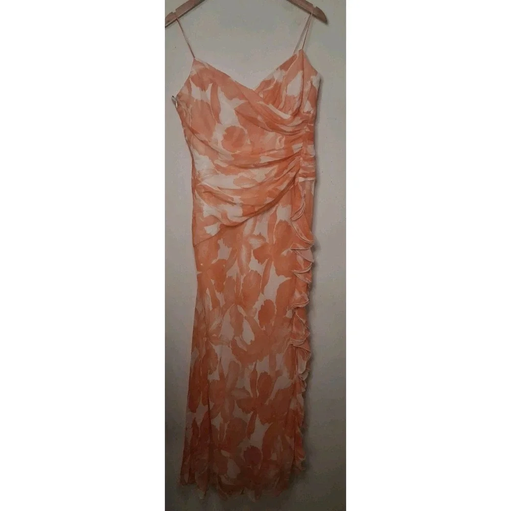 100% Silk Floral‎ Maxi Dress Women's 12 Strappy Ruffle Waterfall Chiffon Fairy - Picture 9 of 16